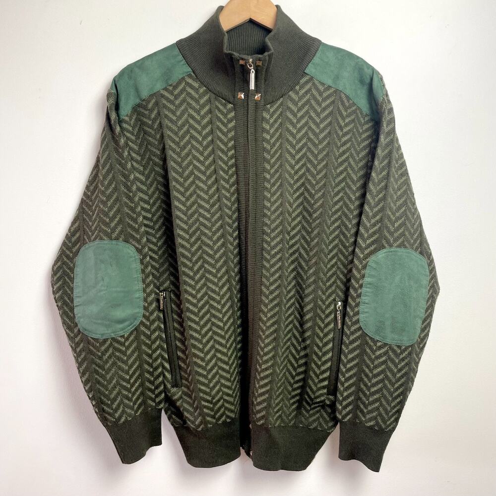 Green‎ Herringbone Faux Suede Elbow Patch Zip Cardigan Medium Quiet Luxury